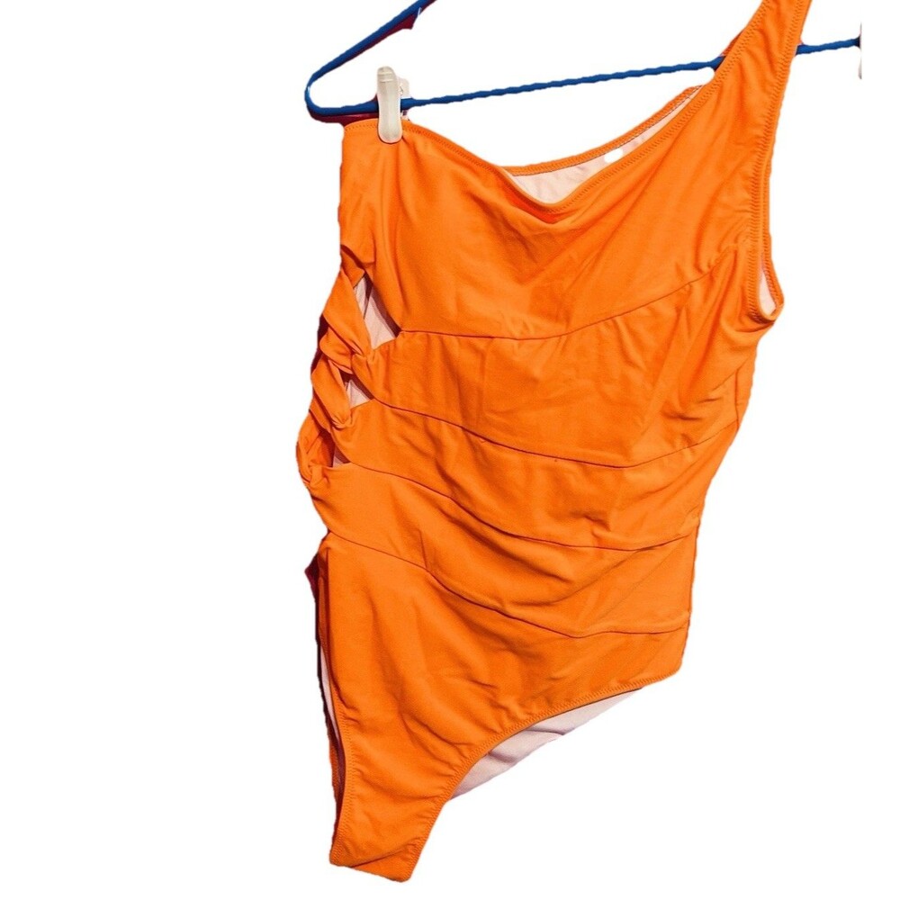 #8535 WOMENS ORANGE ONE SHOULDER ONE PIECE BATHING SUIT SIZE L